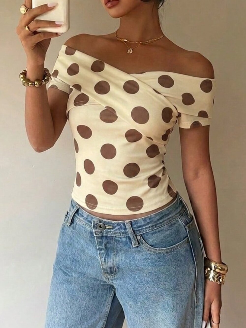 Multicolor Casual Women's Off-Shoulder Bodycon Polka Dot Print T-Shirt - Picture 4 of 6